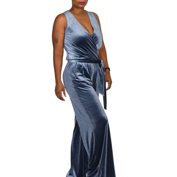 Samantha Dru Flare Jumpsuit Blue Wrap Belt Velour Velvet Wide Leg Pantsuit Small - Picture 8 of 15